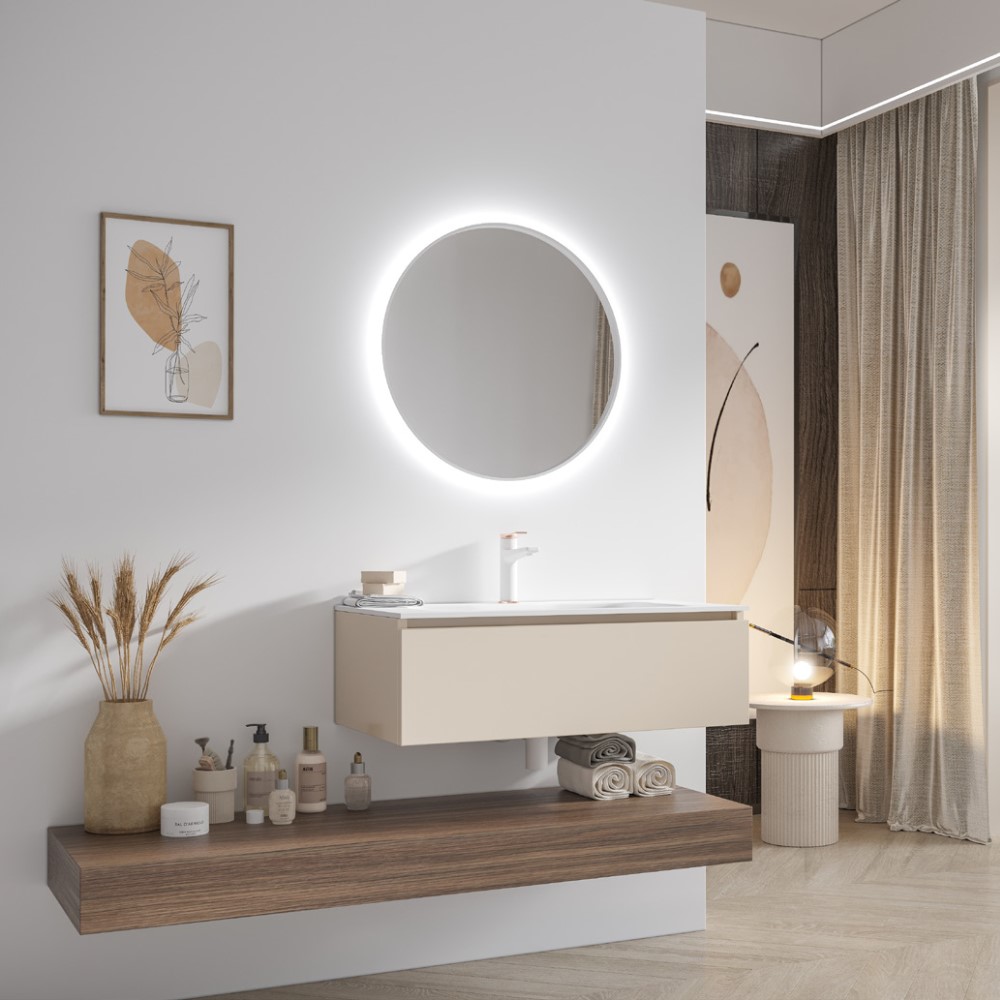 Έπιπλο Cream με 1 Συρτάρι & Νιπτήρα Solid (80x45cm) + Oak Επιφάνεια (140x45cm)