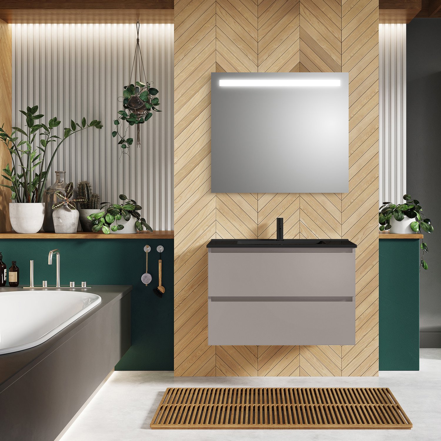 Έπιπλο με 2 Συρτάρια & Μαύρο Corian Νιπτήρα σε Grigio Glossy (60x47cm)