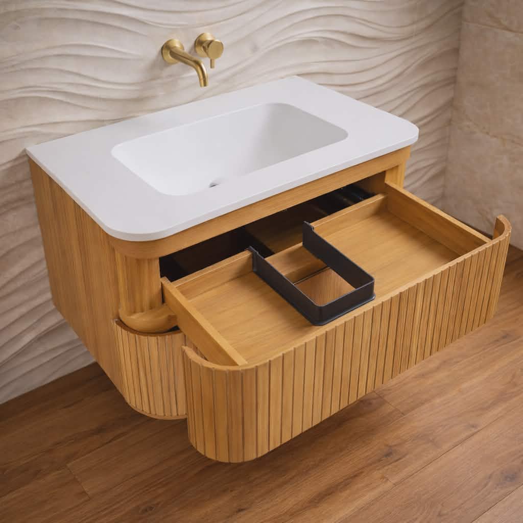 Έπιπλο Polywood με 2 Συρτάρια & Λευκό Ματ Corian Νιπτήρα Φυσικό Ξύλο Ακακία (60x46cm)