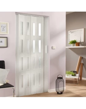 Σφυρήλατη Πτυσσόμενη Πόρτα Φυσούνα σε Ξύλο Πεύκου 3D με 4 σειρές τζαμιών (Image 1)