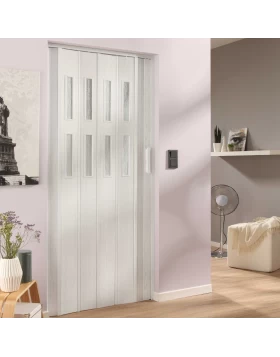 Σφυρήλατη Πτυσσόμενη Πόρτα Φυσούνα σε Ξύλο Πεύκο 3D με 2 σειρές τζαμιών (Image 1)