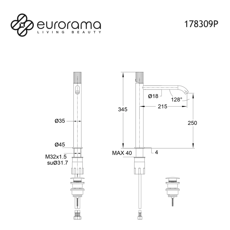 Μπαταρία Νιπτήρος Eurorama Oso 178309P-110 Inox Brushed (Ύψος 34.5cm)