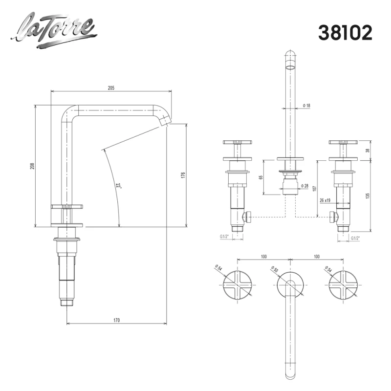 Μπαταρία Νιπτήρος La Torre Elle Cross 38102-100 Χρωμέ (Ύψος 20.8cm)