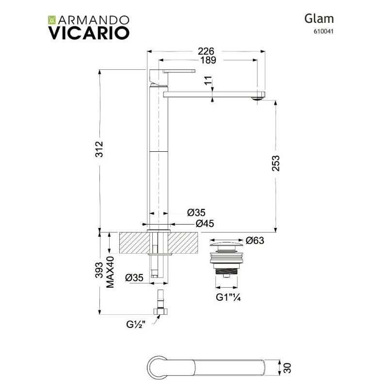 Μπαταρία Νιπτήρος Armando Vicario Glam 610041-100 Χρώμιο (Ύψος 31.2cm)