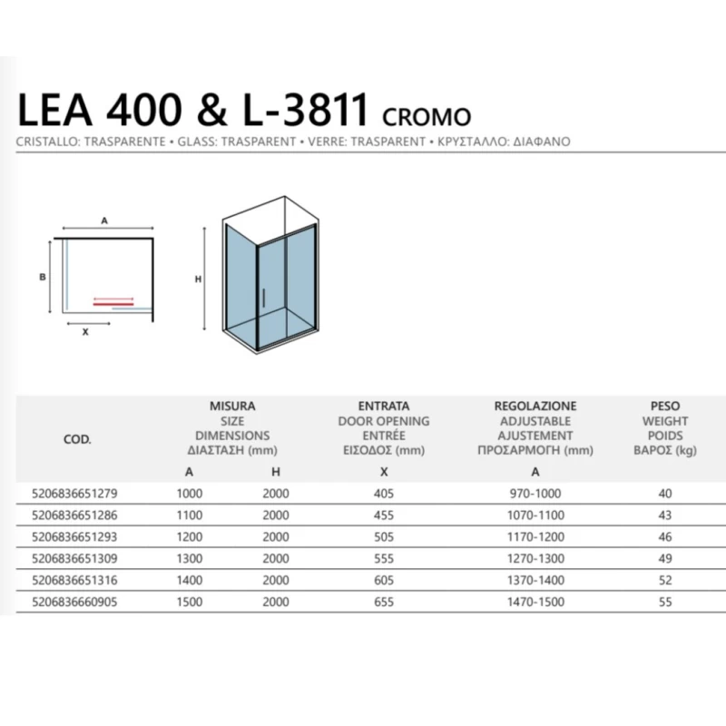 Καμπίνα Γωνιακή Karag Χρωμέ με 1 Συρόμενη Πόρτα & 1 Σταθερή & 1 Πλαϊνό Σταθερό Lea 400 & L-3811 Cromo (από 100cm έως 150cm με Ύψος 200cm)