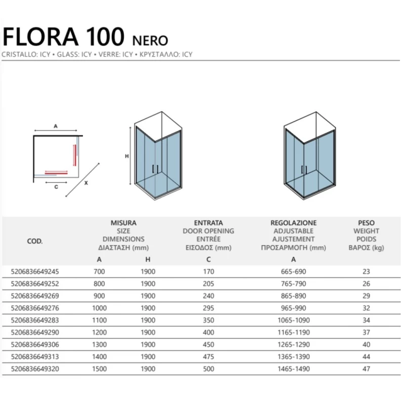 Καμπίνα Γωνιακή Αμμοβολή Karag Μαύρη ματ με 2 Συρόμενες Πόρτες & 2 Σταθερές σειρά Flora 100 Nero (σε 47 διαστάσεις με Ύψος 190cm)