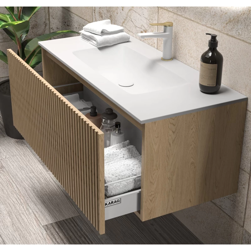 Έπιπλο Κόντρα Πλακέ με 1 Συρτάρι Push & Νιπτήρα Corian Natural Oak (120x46cm) (Image 1)
