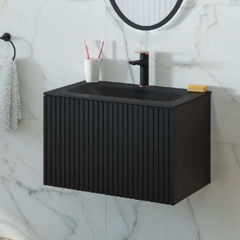 Έπιπλο Κόντρα Πλακέ με 1 Συρτάρι Push & Νιπτήρα Corian Dark Wood (80.5x46.5cm) (Image 1)