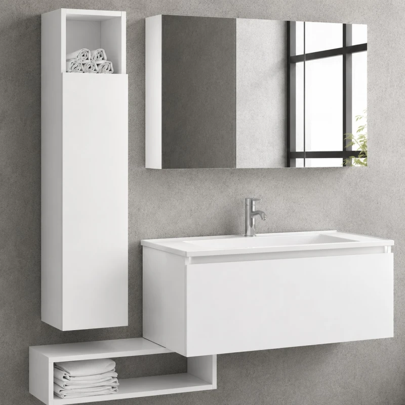 Έπιπλο με 1 Συρτάρι Premium White & Λευκό Νιπτήρα Πορσελάνης (100x46.5cm) (Image 2)