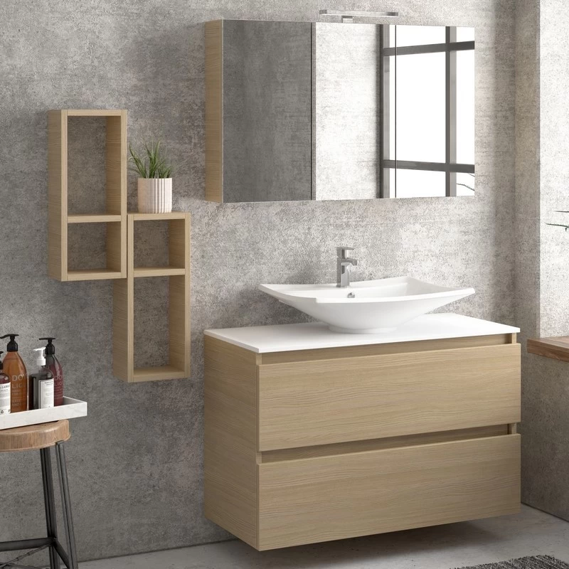 Έπιπλο με 2 Συρτάρια Natural Wood με Top Λευκή Ματ Επιφάνεια Solid Surface (100x45.5cm) (Image 1)