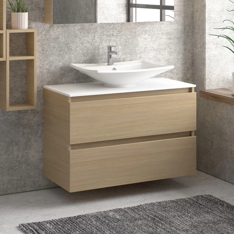 Έπιπλο με 2 Συρτάρια Natural Wood με Top Λευκή Ματ Επιφάνεια Solid Surface (100x45.5cm) (Image 2)