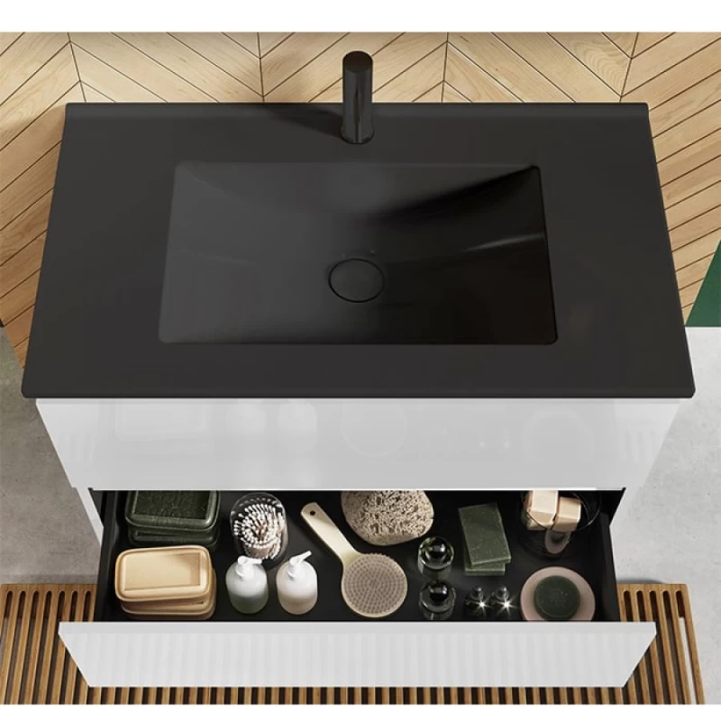 Έπιπλο με 2 Συρτάρια & Μαύρο Corian Νιπτήρα σε White Glossy (60x47cm) (Image 2)