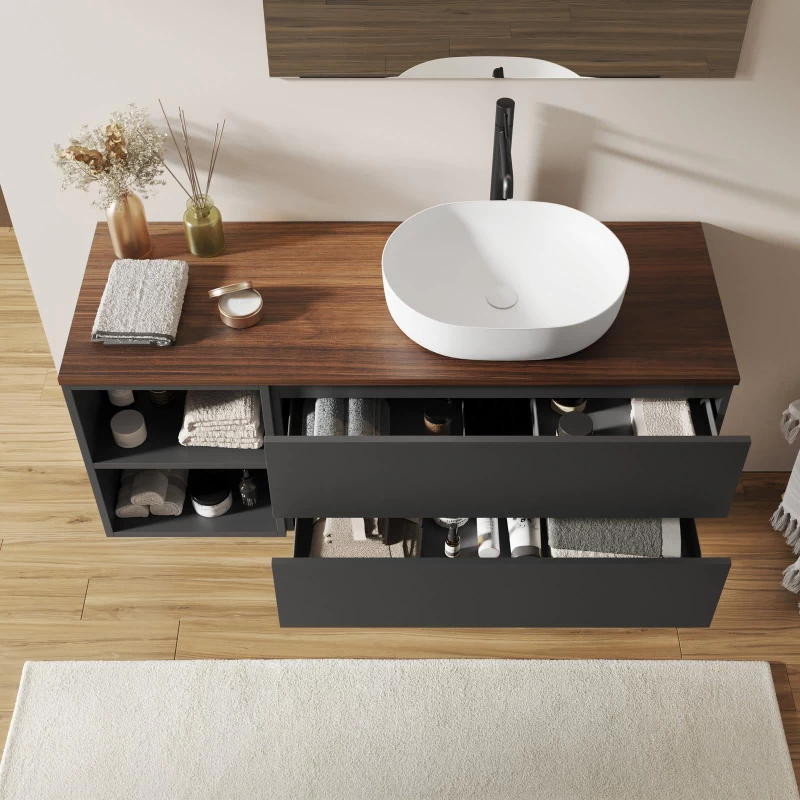 Έπιπλο με 2 Συρτάρια & 2 Ράφια Premium Ανθρακί & Ξύλινο Πάγκο Καρυδιάς (135x45cm) (Image 2)