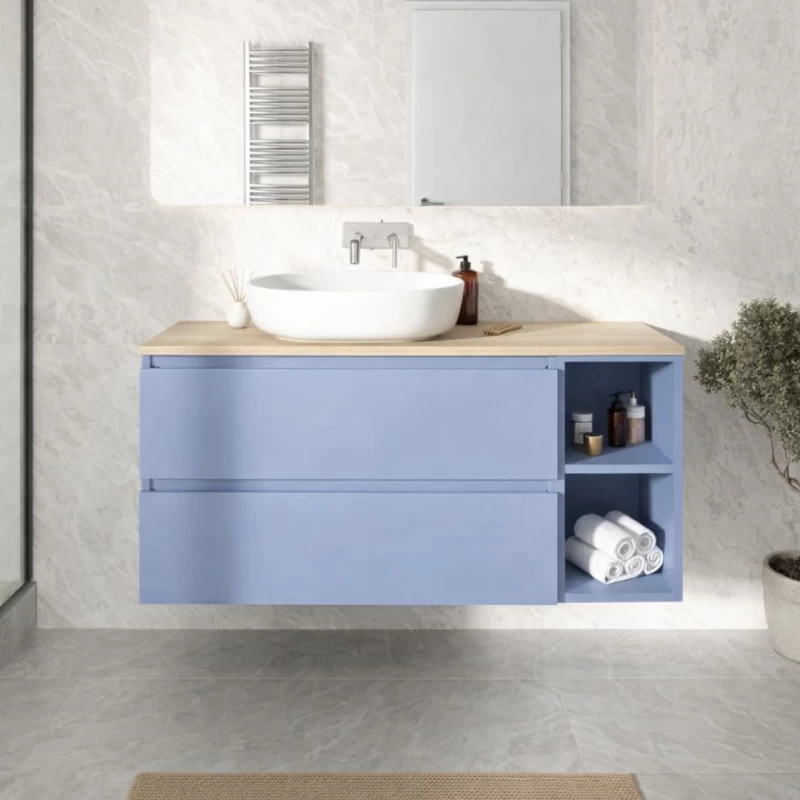 Έπιπλο με 2 Συρτάρια & 2 Ράφια Premium Pigeon Blue & Φυσικό Ξύλο Πάγκο (135x45cm) (Image 1)