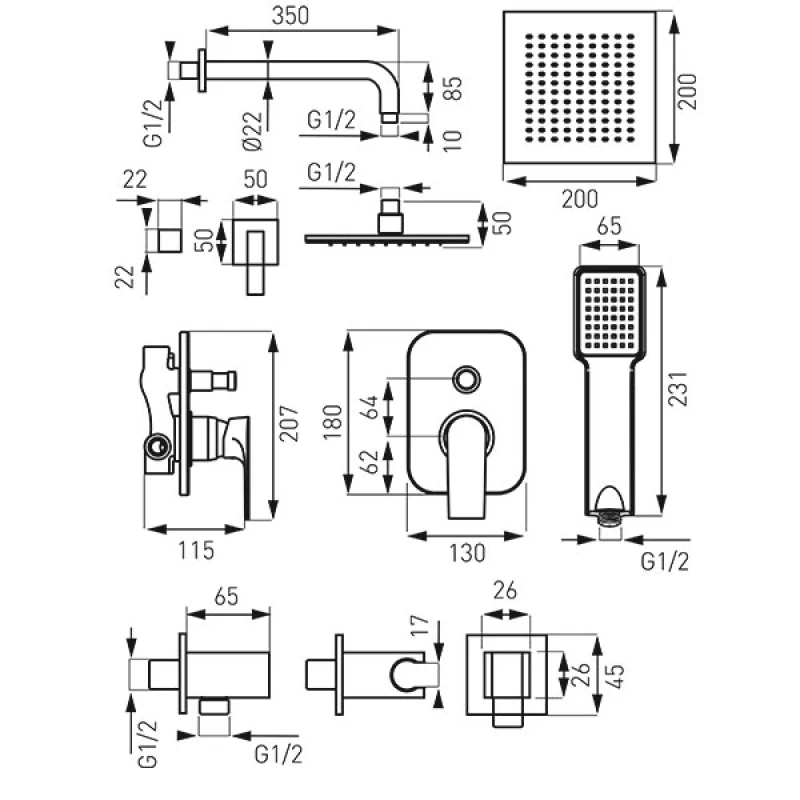 Σετ Εντοιχισμού Ferro σειρά Algeo Square BAQ7P-SET1-S Χρωμέ 