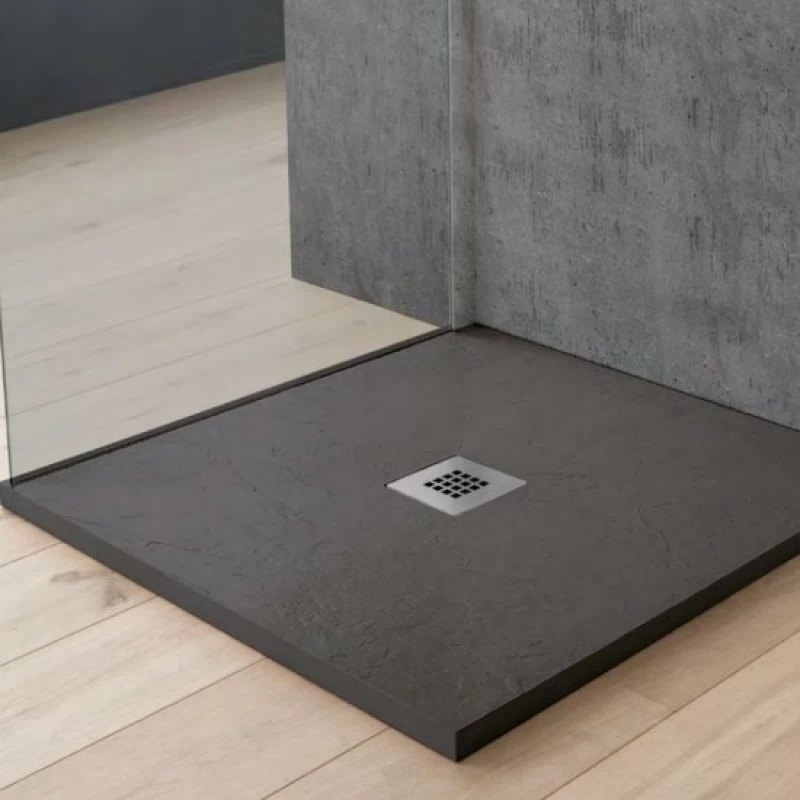 Ντουζιέρα Τετράγωνη Karag Pietra Cemento με Ανθρακί Υφή Πέτρας (90x90cm)