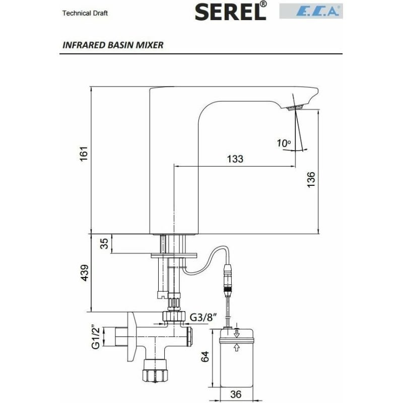 Μπαταρία Νιπτήρος Ηλεκτρονική Ρεύματος Serel Eca 108108043 Χρώμιο (Ύψος 16.1cm)