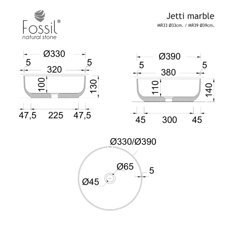 Νιπτήρας Μαρμάρινος Fossil Jetti Marble MR 39-410 Grey (Φ.39cm)