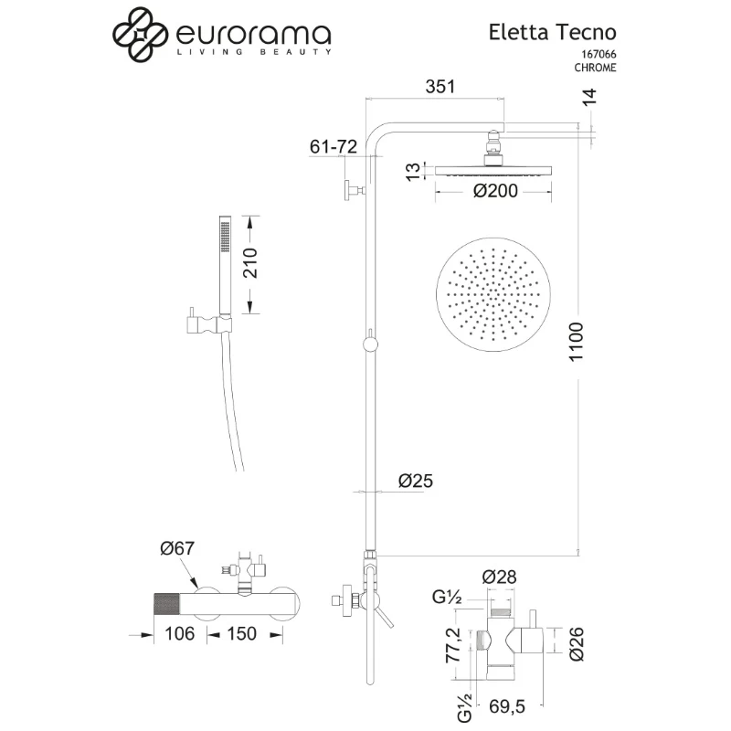 Κολώνα Ντους με Μπαταρία Eurorama Eletta Tecno 167066-100 Χρώμιο (Ύψος 110cm)
