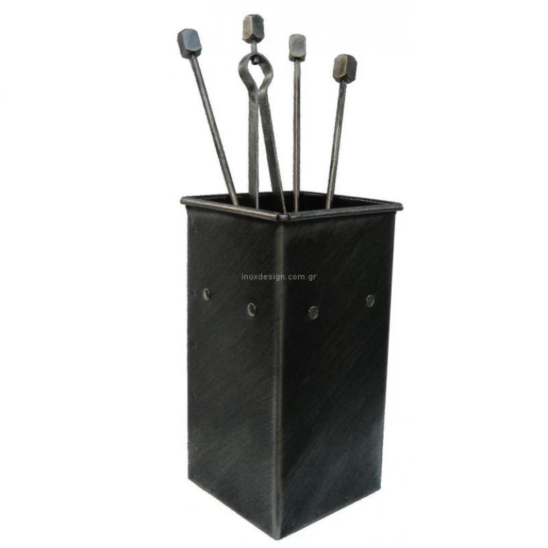 Κουβάς με 4 Εργαλεία Τζακιού Τρουκς σειρά 20-069 Ασημί Πατίνα (18x33cm)
